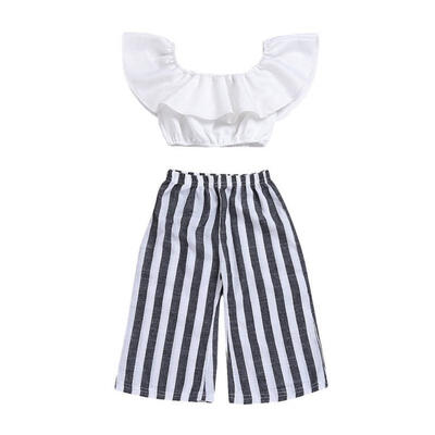 

2Pcs Infant Baby Kids Girls Off Shoulder TopsStriped Pants Set Outfits Clothes