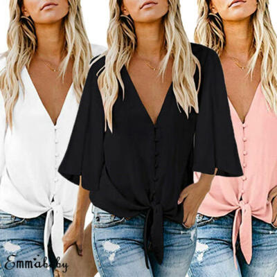 

Plus Women Solid Ruffle Sleeve Loose Blouse Baggy Tops Ladies V Neck T Shirt