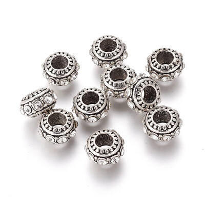 

Alloy European Beads with Rhinestone Large Hole Beads Rondelle Antique Silver Crystal 13x7mm Hole 5mm