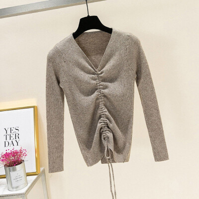 

Casual Womens Long Sleeve V Neck Drawstring Knit Slim Pullover Sweater Tops Warm Basic Winter Sweater Woman 2019