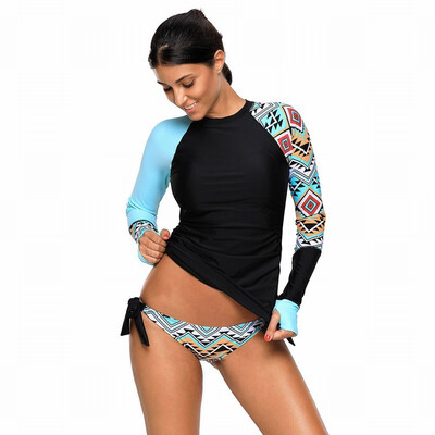 

High collar long sleeve color print with chest pad without steel support triangle Plus Size split swimsuit