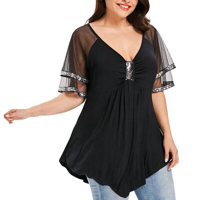 

Roseonmyhand Fashion Womens Plus Size Glittery Mesh V-Neck Sparkly Sequin T-shirt Tops Blouse