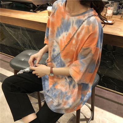 

Womens Casual Round Neck Tie Dye Print Short Sleeve Loose Pullover Simple T-Shirt