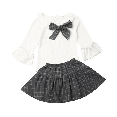 

Toddler Kids Baby Girl Flare Long Sleeve Bow Tie Tops Dress Child Clothes Set
