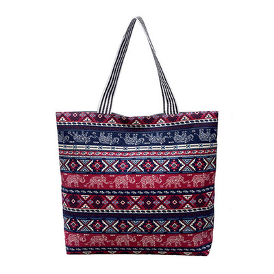 

Women Ethnic Elephant Print Large Capacity Zippered Shopping Tote Shoulder Bag