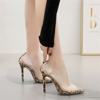 

Rose Fashion Women Leopard Slip-on Pointed Toe High Heels Spike Heels Clear Shoes