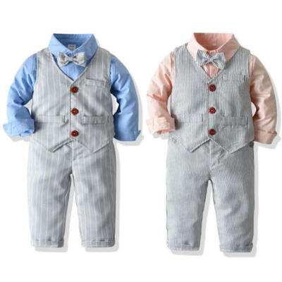 

Baby Boy Party Bow Tie Suit Toddler Gentleman Tops Pant Stripe Clothes Outfit