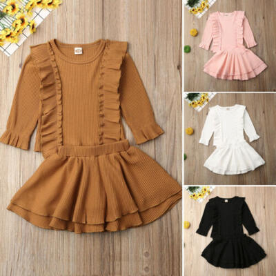 

US Kid Baby Girl Clothes Knitted Long Sleeve Ruffle Tops Tutu Skirt Dress Outfit