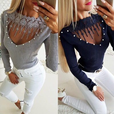 

2018ebay AliExpress explosion models sexy tight lace leaky sweater FN559 blue