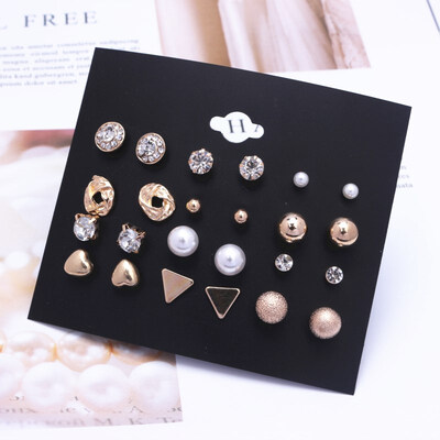 

EK782 Trendy 12 pairsset Cute Triangle Crystal Heart Stud Earrings for Women Ball Simulated Pearl Flower Earring Set brincos
