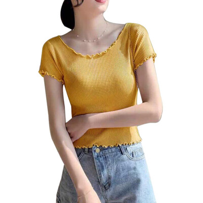 

Tops Wood ears Woman O neck Short sleeve T-shirt Vintage Slim Fit t shirt tight tee Summer Tops 6 colors