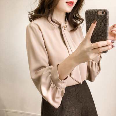 

Fashion Women Long Lantern Sleeve Blouse Ladies Office OL Work Plain Shirt Tops