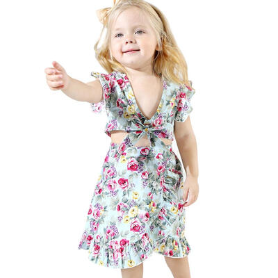 

2pcsset Kids Girls Bowknot Crop Tops Floral Print Ruffle Irregular Dress