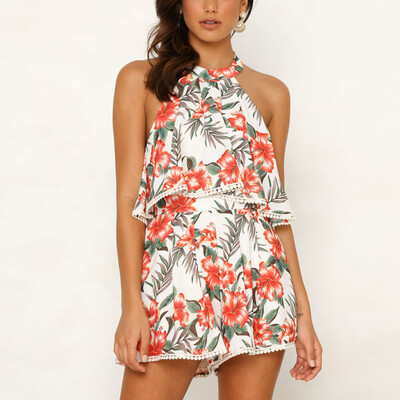 

Starmoon Fashion Women Lace Up Floral Print Halter Bandage Backless Jumpsuit Playsuit
