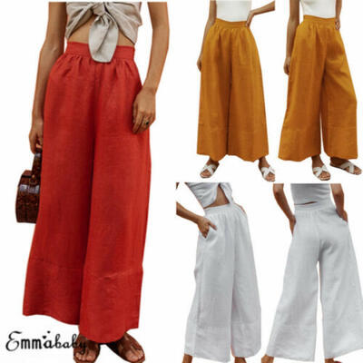 

US Women Linen Cotton Wide Leg Casual Pants High Waist Breathable Long Trousers