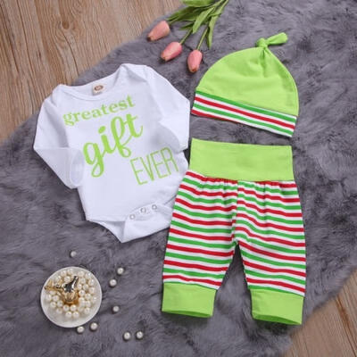

Newborn Infant Baby Girls Boys Clothes Long Sleeve Romper Bodysuit TopsStriped Legging Pants Hat Xmas Outfit Set
