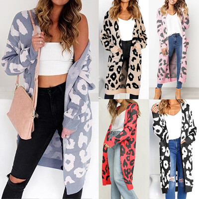 

Nomeni Fashion Women Knitted Leopard Print Long Sleeve Cardigan T-shirt Sweater Coat