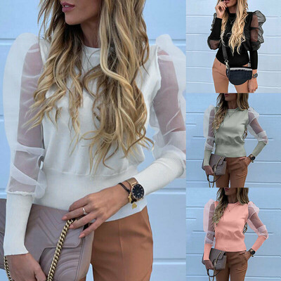

Fashion Women Sheer Mesh Long Sleeve Tops Jumper Casual Pullover Blouse