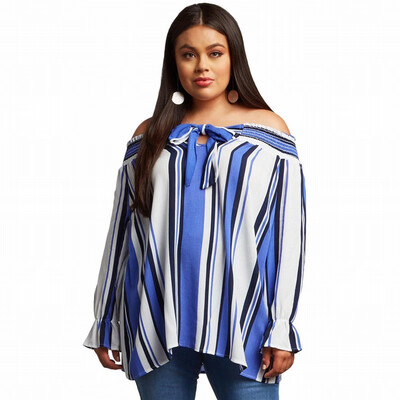 

Contrast vertical stripes word collar long sleeve large size shirt womens