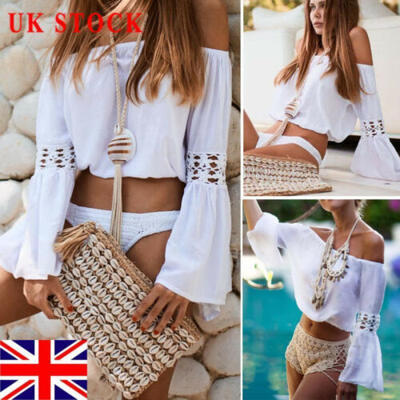 

Womens Off The Shoulder Lace Casual T-Shirt Ladies Long Sleeve Slim Tops Blouse