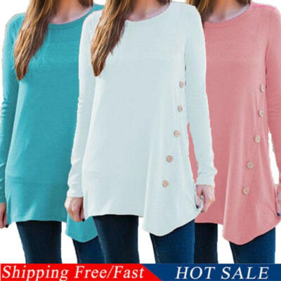 

2019 Fashion Lady Long Sleeve Loose Button Trim Blouse Round Neck Tunic T-Shirt