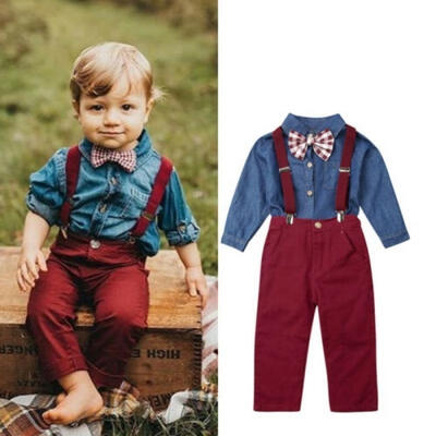 

Kids Boy Suspender Outfits Denim blue Long Sleeve Shirts Wine Red Bib Pants 2-7 Years Child