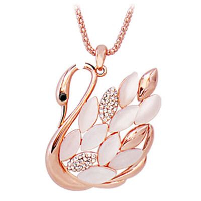 

Fashion Women Swan Cats Eye Stone Long Sweater Rhinestone Necklace Pendant