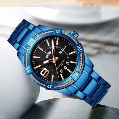 

Biden Mens Watch Three Eyes Calendar Steel Belt Waterproof High-grade Large Dial Multi-function Quartz Watch