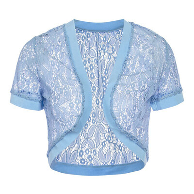 

Fashion Women Short Sleeve Lace Perspective Cardigan Jacket Women Casual Solid Color Cardigan Female Short Coat Femme Outwear