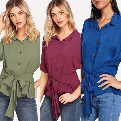 

Womens Shirt Half Sleeve Solid Color Turn Down Collar Loose Bandage Top shirts