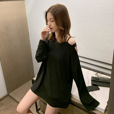 

Autumn New Women T Shirt Sexy Round Collar Sexy Off-shoulder Slim Solid Color Thin Section Long Sleeve T-shirt Tops