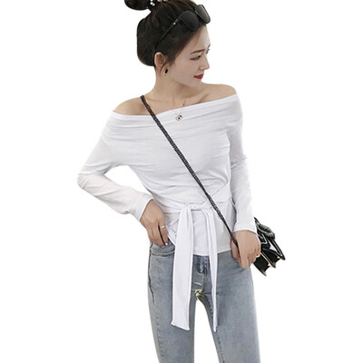 

Sexy Temperament Slash Neck Lace Long-sleeved T-shirt Slim Solid Color Striped T-shirt