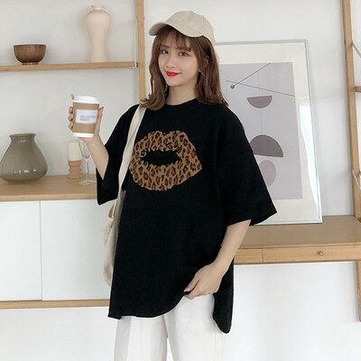 

Womens Fashion Casual O-Neck Leopard Lip Printed Half Sleeve Pullover Loose T-Shirt