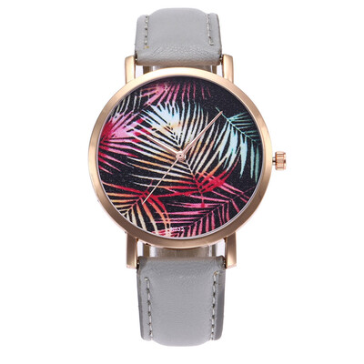 

New Fashion Plants Pattern Women Watch PU Leather Analog Quartz Vogue Wrist Watch Ladies Casual Dress Watches Relogio saati &Ff