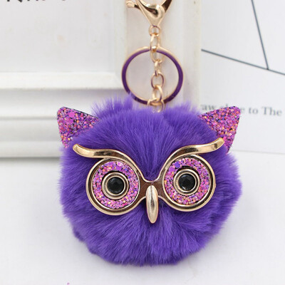 

Women Owl Faux Rabbit Fur Fluffy Key chain Key Ring Pompom Ball Pendant Cute