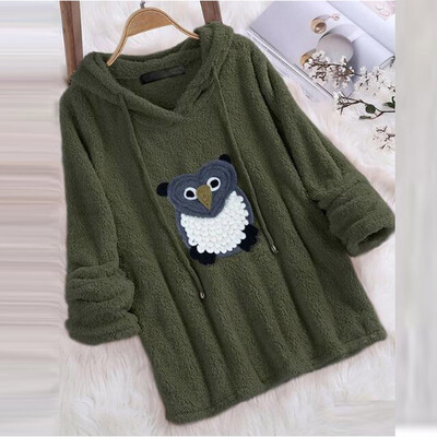 

Roseonmyhand Plus Size Women Hooded Sweater Long Sleeve Sweatshirts Owl Pachwork Casual Top