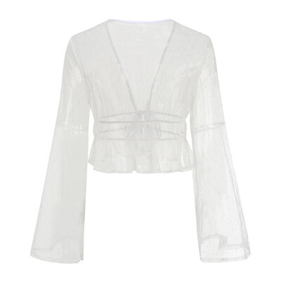 

New Women Kimono Cardigan Solid Sheer Mesh Hollow Out Boho Loose Outerwear Beachwear Bikini Cover Up White