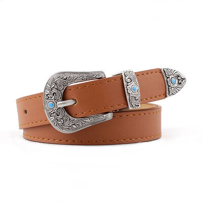 

Luxury Designer Brand 2019 Women Silver Leather Western Cowgirl Waist Belt Fashion Metal Buckle Waistband New Hot Belts forWomen