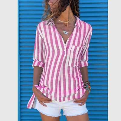 

Womens Loose T-shirt Tops Striped V-neck Long Sleeve Pocket Casual Button Shirt