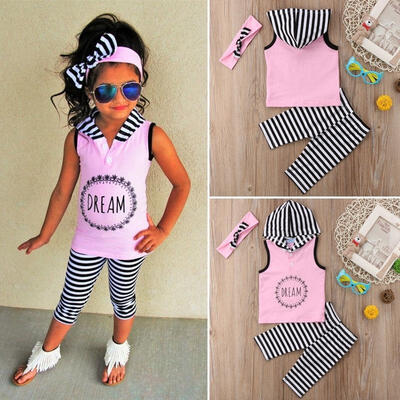 

Toddler Kids Girls Summer Outfits Clothes Sleeveless Hoodies TopsPants Headband 3PCS Set 1-6Y