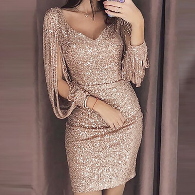 

〖Follure〗Women Sexy Solid Sequined Stitching Shining Club Sheath Long Sleeved Mini Dress