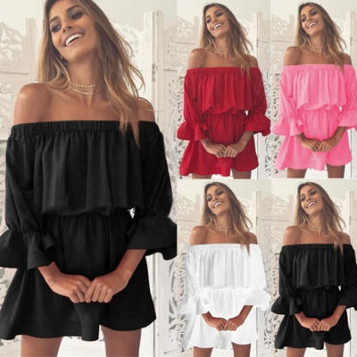 

Women Off Shoulder Boho Shirt Dress Summer Frill Blouse Mini Short Dress