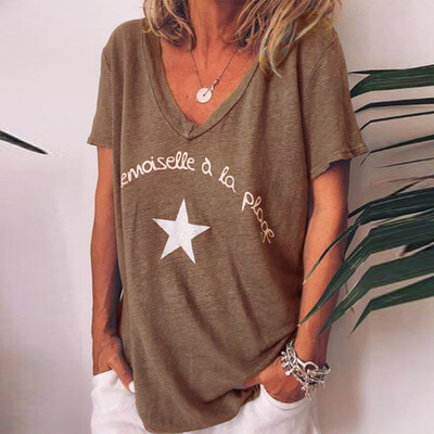 

Starmoon Women Casual V Neck Letter Print Short Sleeve Ladies Top Shirts Blouse