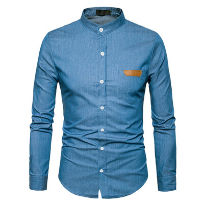

Stand Collar Long Sleeve Spliced Leather Pocket Button Men Shirt
