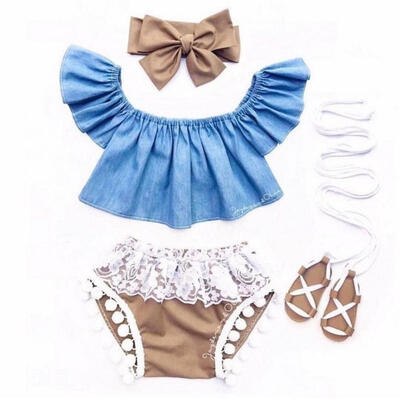 

Infant Newborn Baby Girl Fly Sleeve Denim Top Lace Shorts Clothes Outfit 3Pc