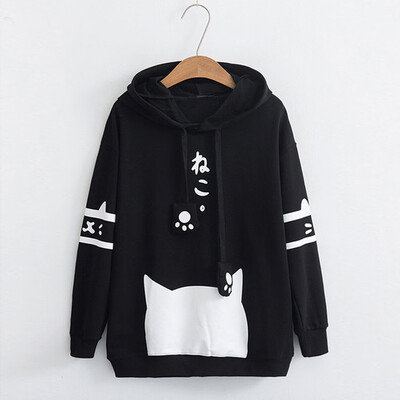 

Gobestart Womens Casual Long Sleeve Kitty Cat Print Pocket Thin Hoodie Blouse Top Shirt