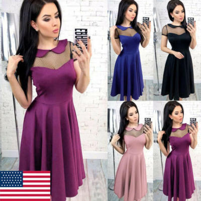

Peter Pan Collar A-line Dress Spliced Mesh Dot Print Women Party Cocktail Dress
