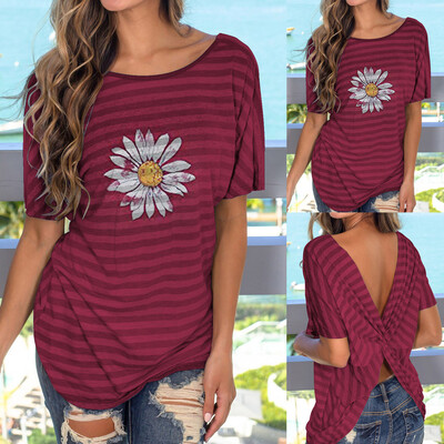 

Starmoon Womens Sexy Short Sleeve O-Neck Stripe Printed Open Back Tops Blouse