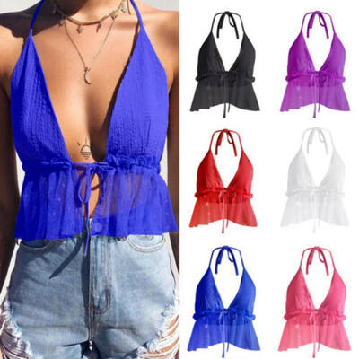 

Ladies Tie Up Back Halter Neck Plain Sleeveless Bralet Summer Vest Crop Top