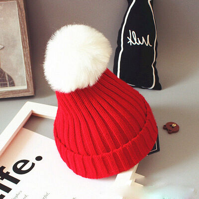 

New Women Kids Baby Mom Warm Winter Knit Beanie Fur Pom Pom Hat Crochet Ski Cap